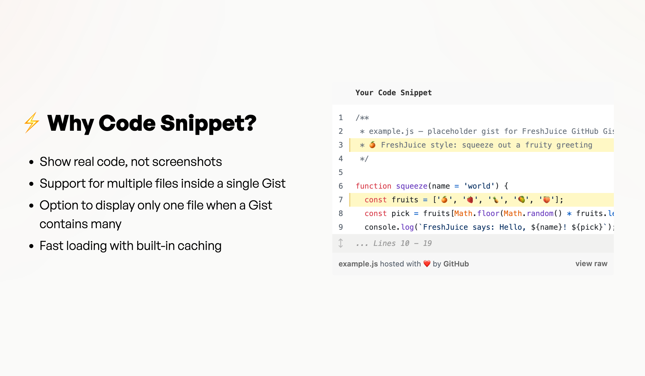 howcasing real GitHub Gist embed with highlighted lines, multi-file support, and fast caching.