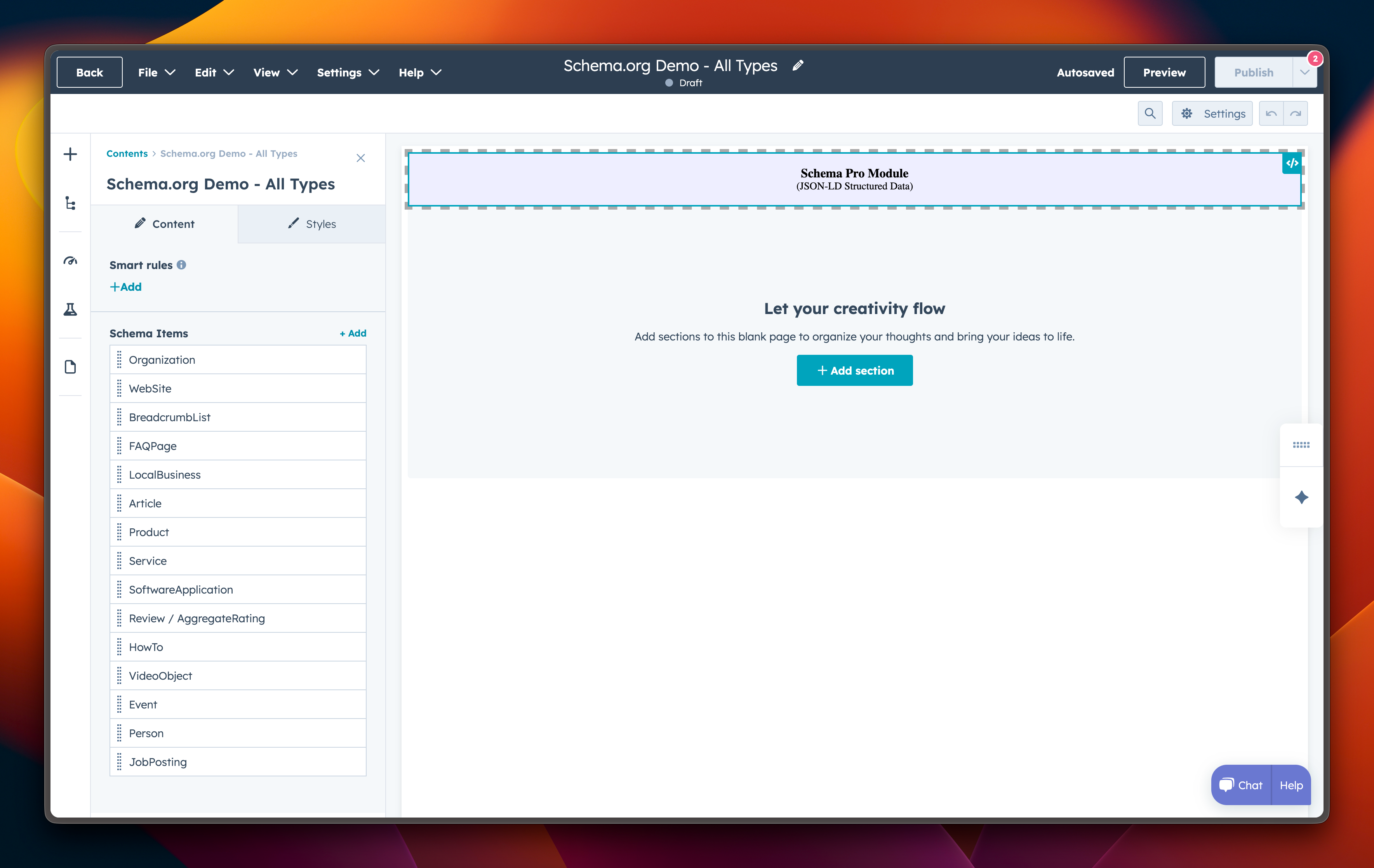 Module interface showing all 15 schema types available for selection in the HubSpot page editor.